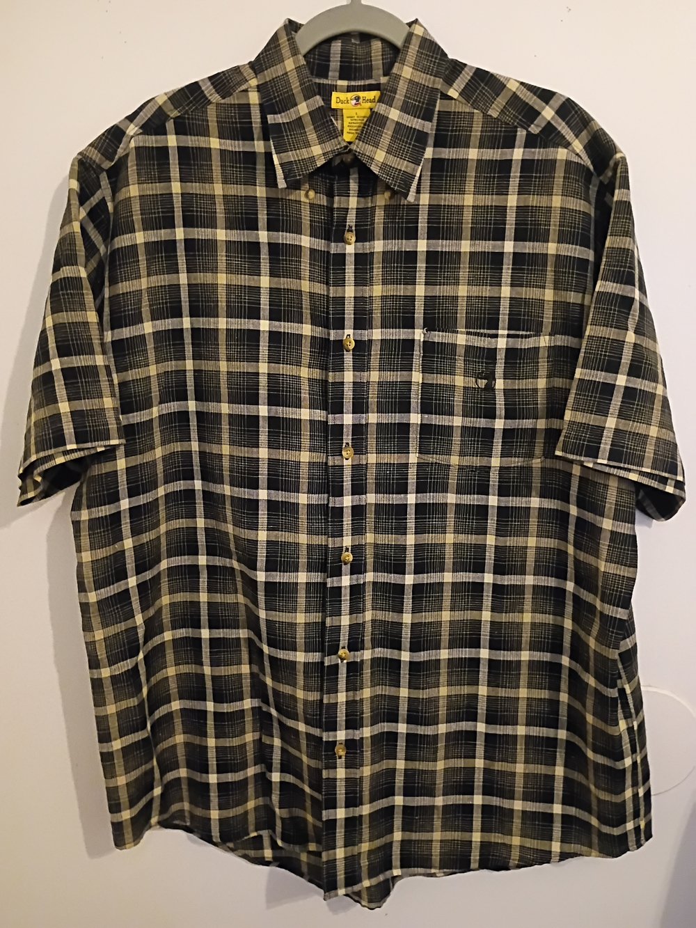 Duck Head Men's Short Sleeve Plaid Button-Up Shirt Linen Blend- Black & Tan Sz L